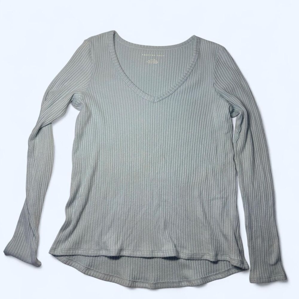 American Eagle Light Mint Blue Ribbed Knit V Neck Tee Size S